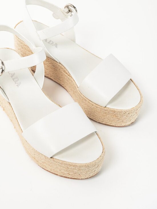 Prada Bianco Vitello Montana Leather Espadrille Wedge Sandals - Picture 6 of 10